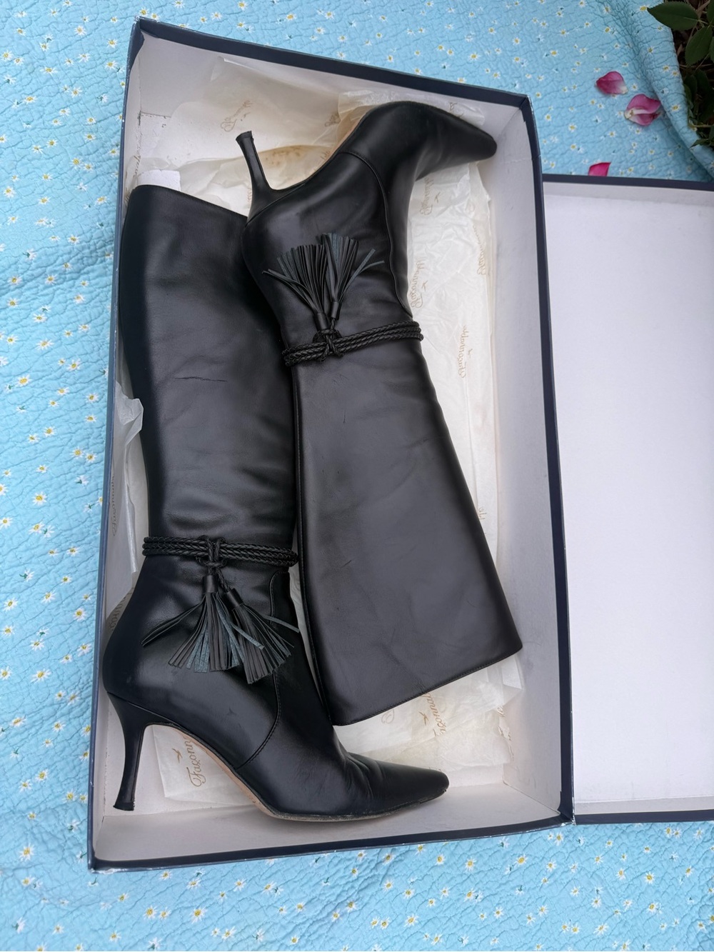 Faconnable Black Leather Knee-High Pointed-Toe Tassel Boots - Picture 14 of 16